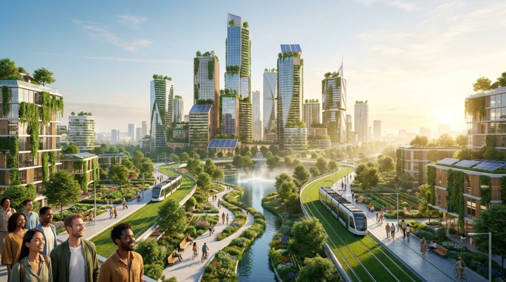 Vue panoramique d'une ville futuriste et écologique avec gratte-ciels végétalisés, tramways et un parc fluvial.
