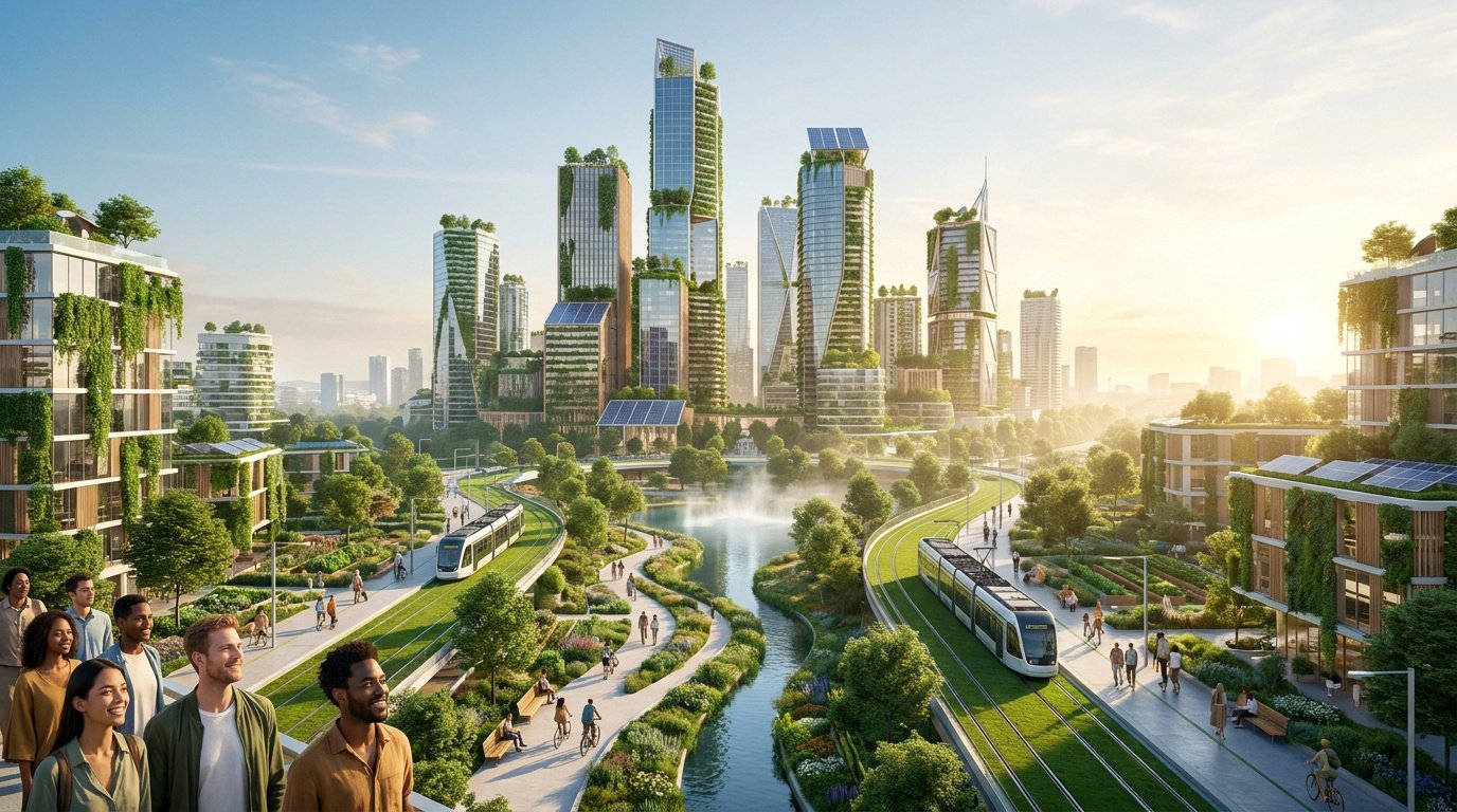 Vue panoramique d'une ville futuriste et écologique avec gratte-ciels végétalisés, tramways et un parc fluvial.