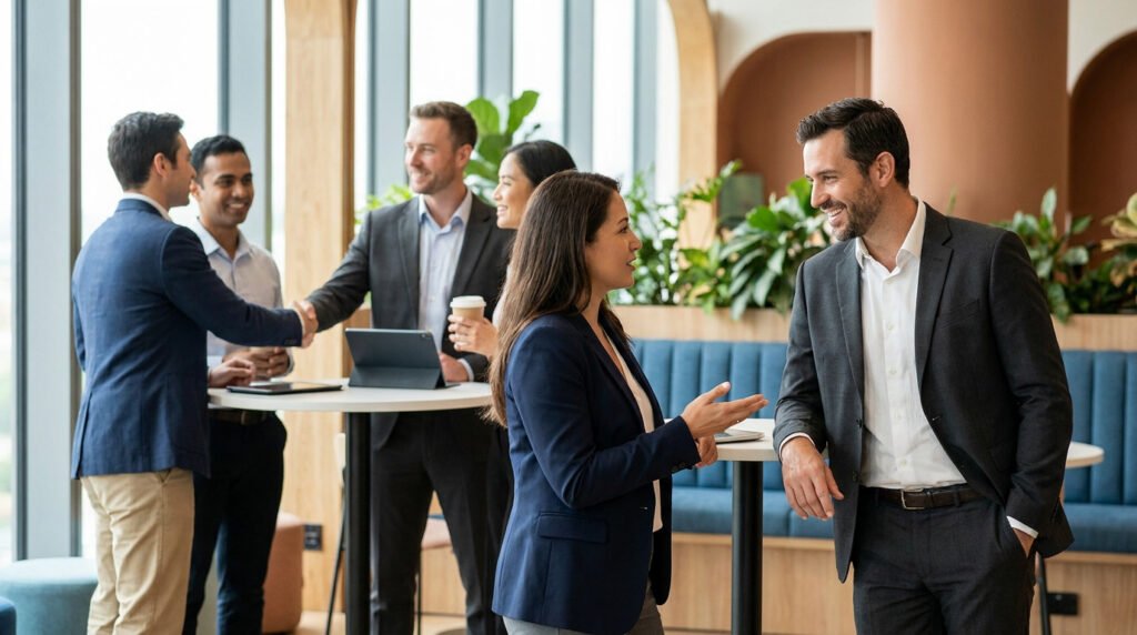 Groupe de professionnels en costume discutant et se serrant la main dans un espace de bureau moderne et lumineux.