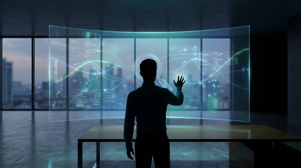 Un homme en chemise interagissant avec une interface numérique holographique de recherche dans un bureau moderne.