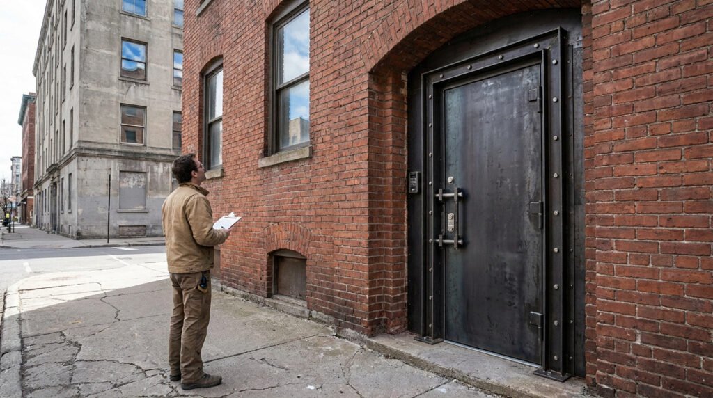 Un homme inspecte une porte blindée anti-squat installée sur un bâtiment en briques rouges dans une rue urbaine.