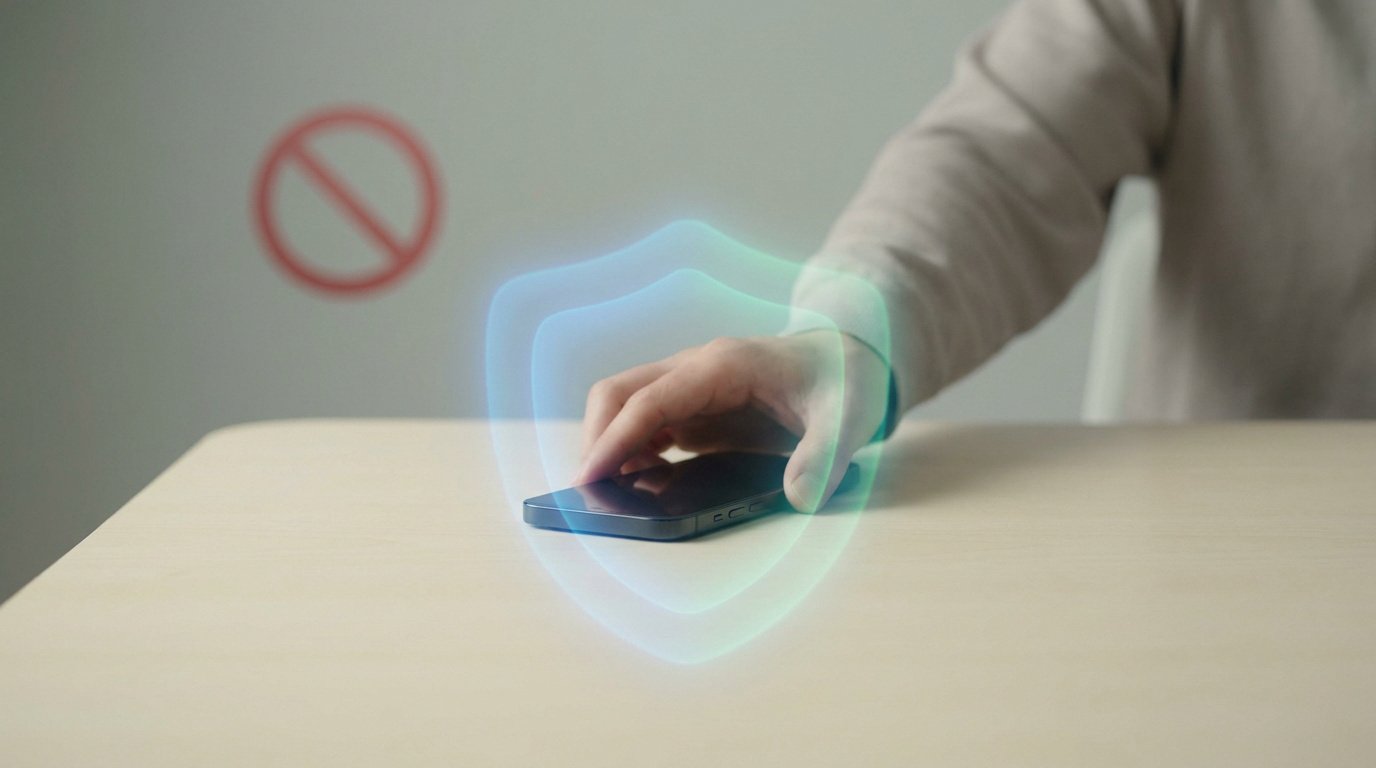 Une main posée sur un smartphone protégé par un bouclier numérique lumineux avec un symbole d'interdiction en arrière-plan.